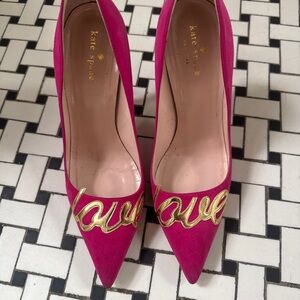 Kate Spade Fuchsia Heels with Gold Love Detail